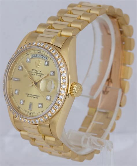 mens gold rolex president diamond bezel|18k gold rolex with diamonds.